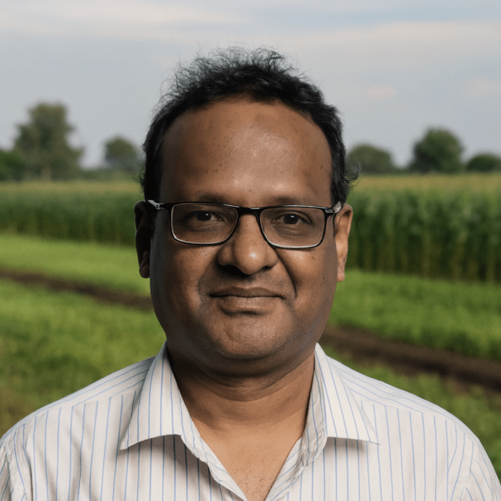 A man with glasses and a striped shirt standing in front of rows of green crops.