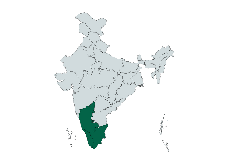 Map of India highlighting major green cardamom growing states in dark green (primarily Kerala, Karnataka, Tamil Nadu)