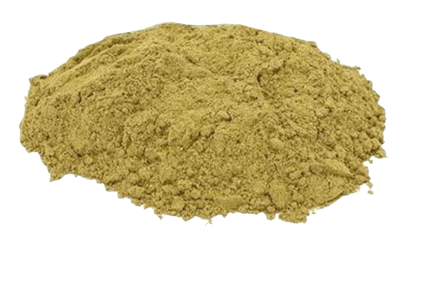 Powdered dried senna leaves (Senna alexandrina) pile on white background